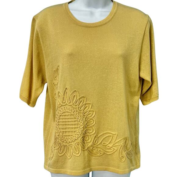 Vintage 90s Sunflower Embellished Yellow Shimmer Baby Tee Short Sleeve sz M / L - Picture 1 of 11